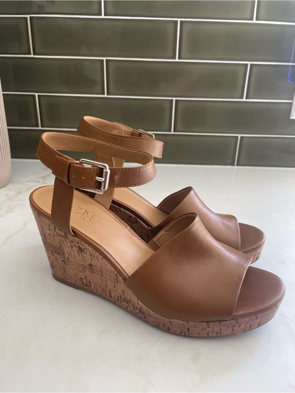 Franco Sarto Tan Brown Cork Wedge Sandals with Ankle Strap